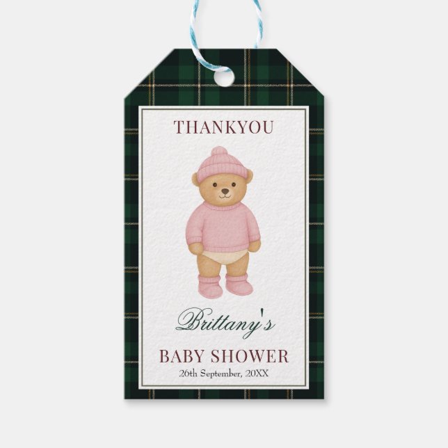 Pink Preppy Bear Plaid Baby Shower Presentetikett (Framsidan)