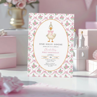 Pink Preppy One Silly Goose Bow 1st Birthday Inbjudningar