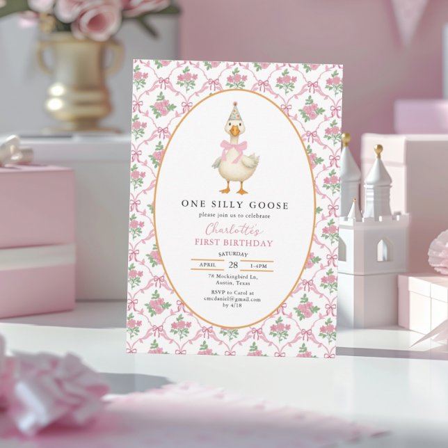 Pink Preppy One Silly Goose Bow 1st Birthday Inbjudningar (Skapare uppladdad)