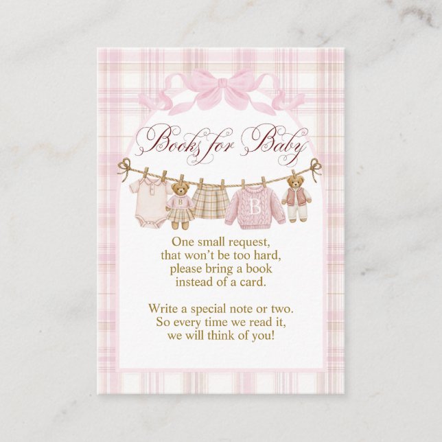 Pink Preppy Teddy Bear Girl Baby Shower books Tilläggskort (Framsida)