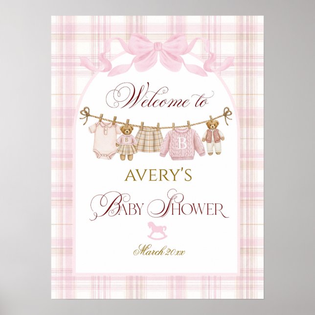 Pink Preppy Teddy Bear Girl Baby Shower Plaid Bow Poster (Framsidan)