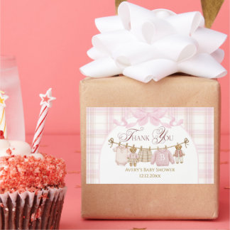 Pink Preppy Teddy Bear Girl Baby Shower Plaid Bow Rektangulärt Klistermärke
