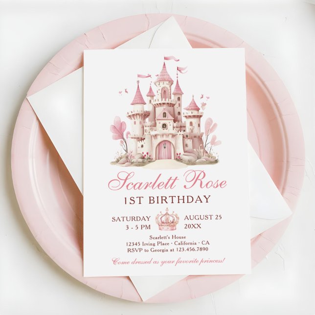 Pink Princess Castle Floral 1st Birthday Party Inbjudningar (Skapare uppladdad)