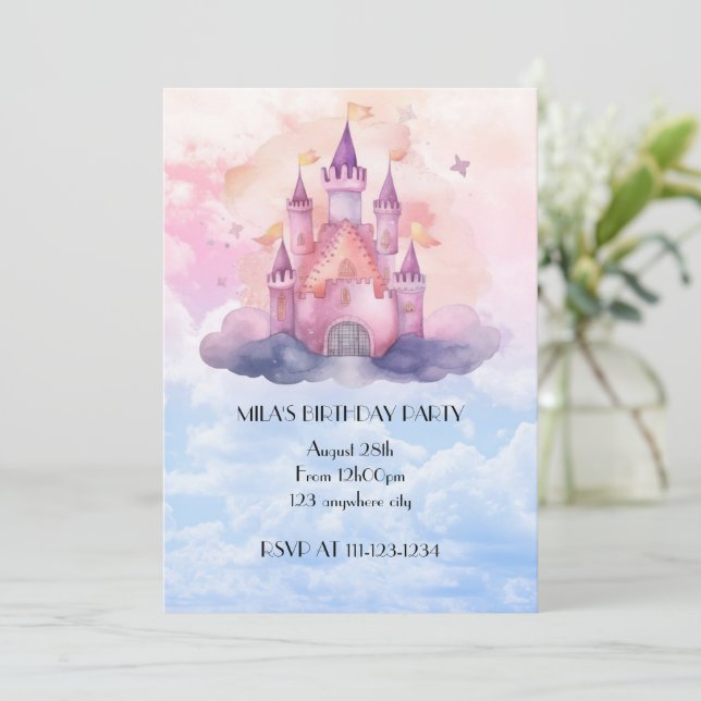Pink princess castle girl birthday invitation inbjudningar (Stående Fram)