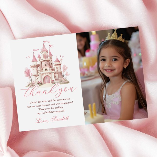 Pink Princess Castle Girl's Birthday Party Photo Tack Kort (Skapare uppladdad)