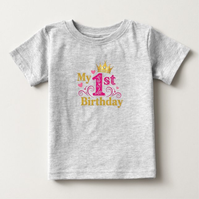 Pink Princess Crown 1st Birthday Baby T-Shirt (Framsida)