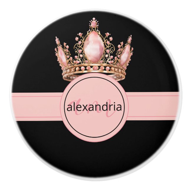 Pink Princess Monogram Tiara Girly Ceramic Knob Knopp (Framsidan)