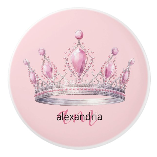 Pink Princess Monogram Tiara Girly Ceramic Knob Knopp (Framsidan)