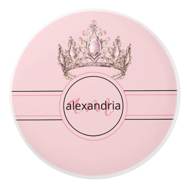 Pink Princess Monogram Tiara Girly Ceramic Knob Knopp (Framsidan)