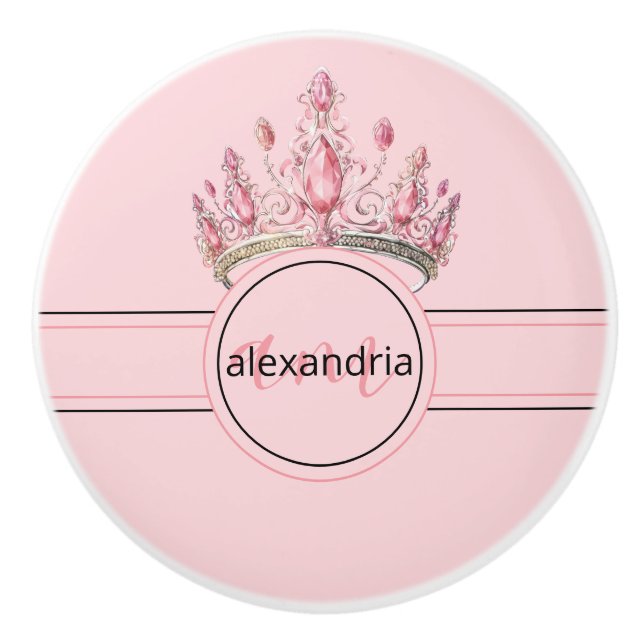 Pink Princess Monogram Tiara Girly Ceramic Knob Knopp (Framsidan)