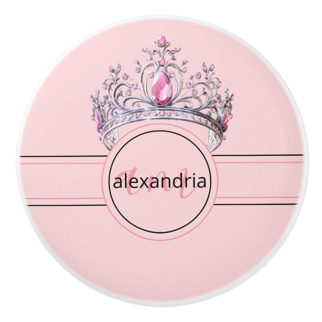 Pink Princess Monogram Tiara Girly Ceramic Knob Knopp (Framsidan)