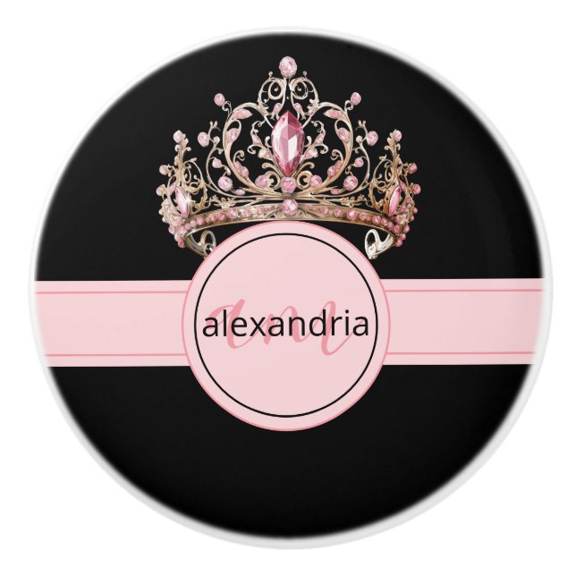 Pink Princess Monogram Tiara Girly Ceramic Knob Knopp (Framsidan)
