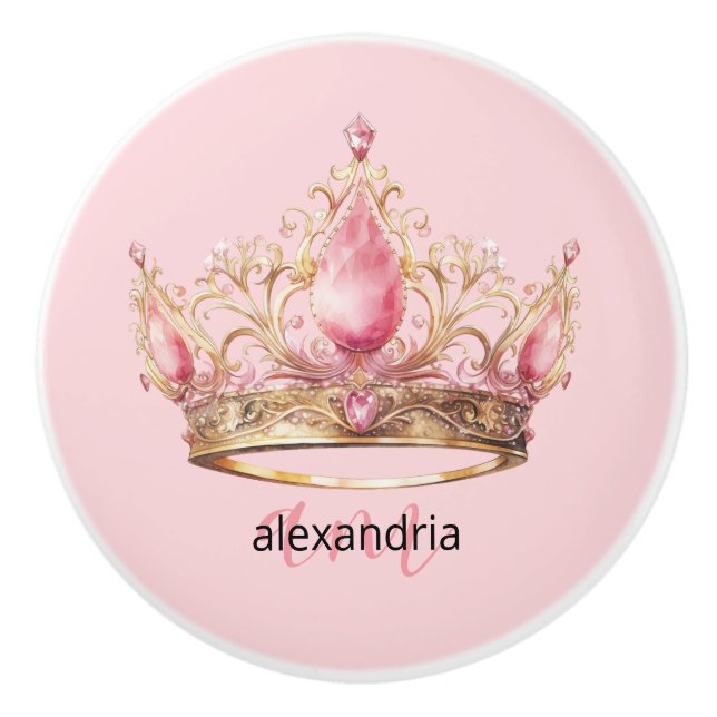 Pink Princess Monogram Tiara Girly Ceramic Knob Knopp (Framsidan)