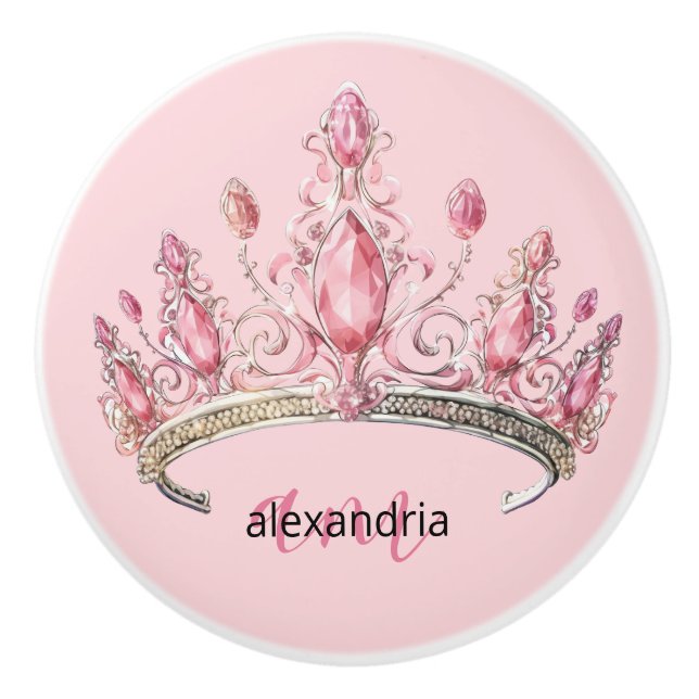 Pink Princess Monogram Tiara Girly Ceramic Knob Knopp (Framsidan)