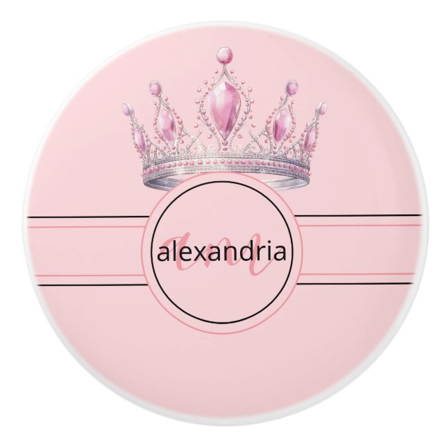 Pink Princess Monogram Tiara Girly Ceramic Knob Knopp (Framsidan)