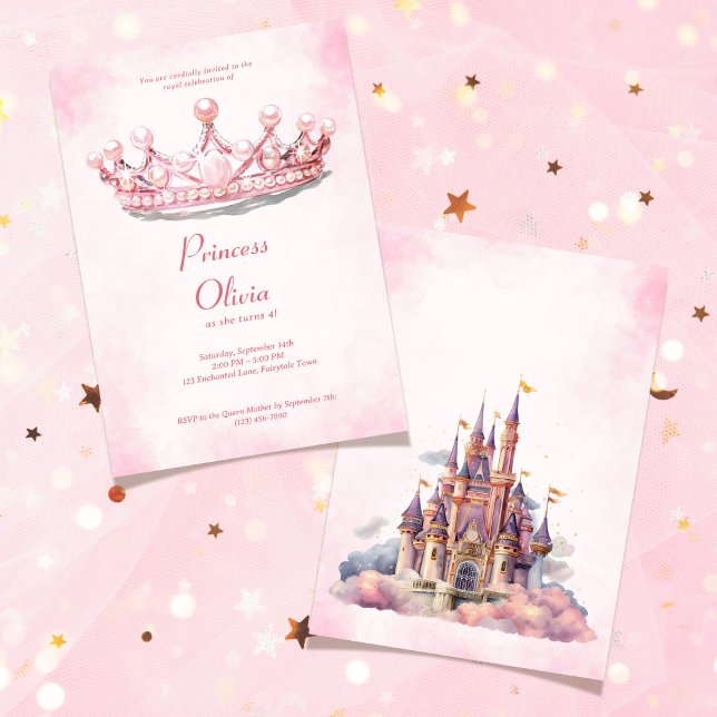  Pink Princess Tiara Fairytale Birthday Party Inbjudningar (Pink Princess Tiara Fairytale Birthday Party Invitation)