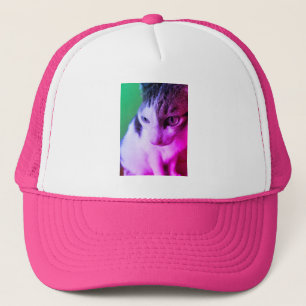 Pink psychedelic tabby cat has pink & purple eyes. keps