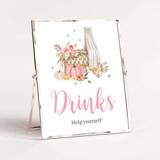 Pink Pumpkin Drinks Baby Shower Poster (Fall Autumn Pumpkin Baby Shower Drinks Sign)