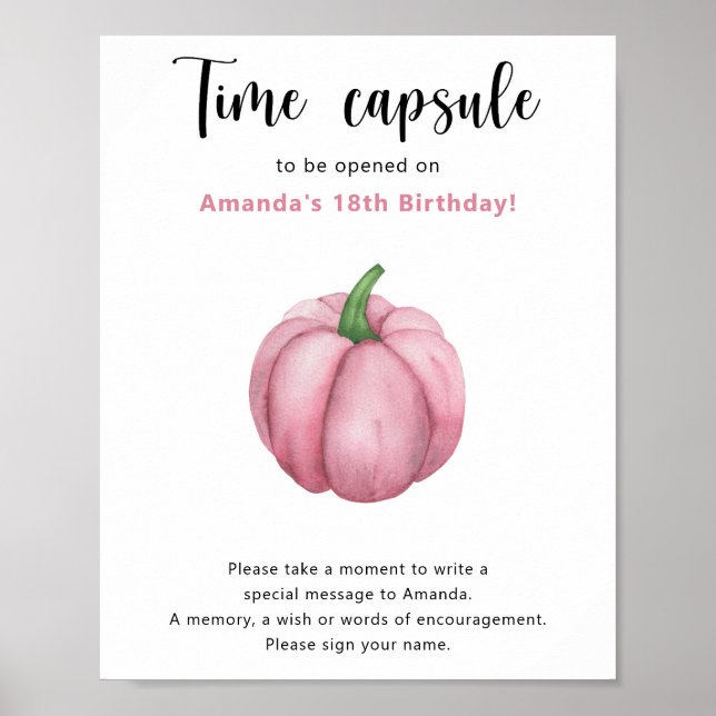 Pink Pumpkin Time Capsule 1:a födelsedagen Poster (Framsidan)