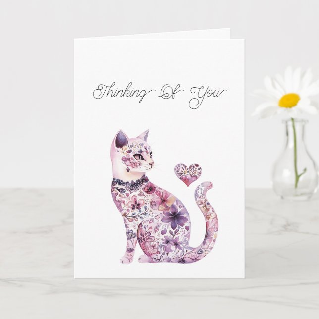 Pink Purple Blush Floral Heart Cat Thinking of you Kort (Liten växt)