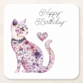 Pink Purple Blush Flowers Heart Love Cat Birthday Underlägg Papper Kvadrat