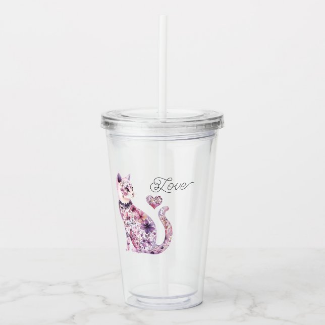 Pink Purple Blush Flowers Heart Love Cat Take Away Mugg (Framsida)