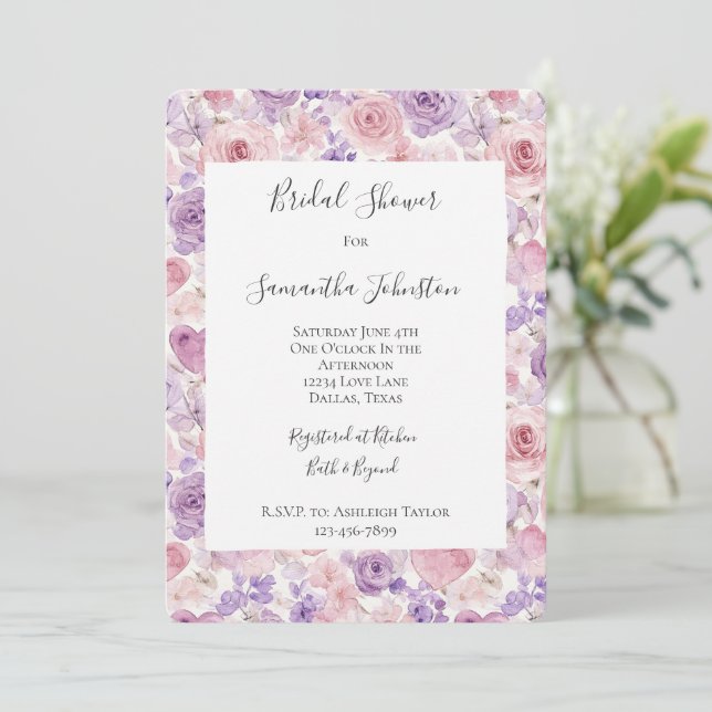 Pink Purple Blush Flowers Hearts Bridal Shower Inbjudningar (Stående Fram)