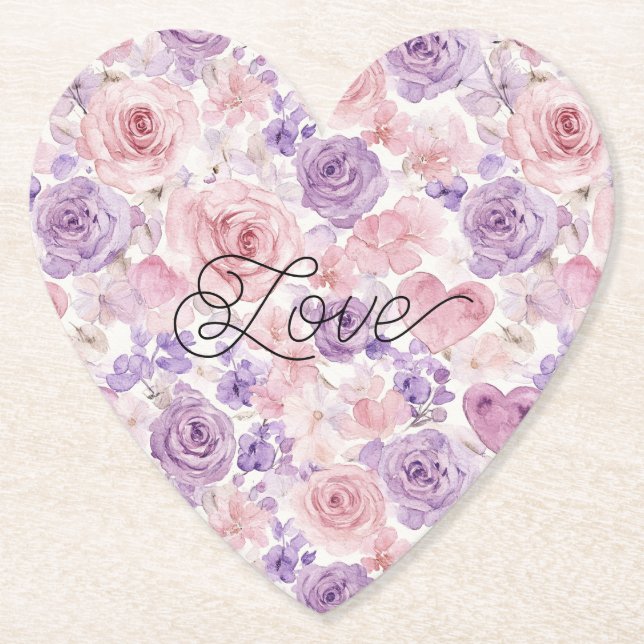 Pink Purple Blush Flowers Hearts Bridal Shower Underlägg Papper (Framsida)