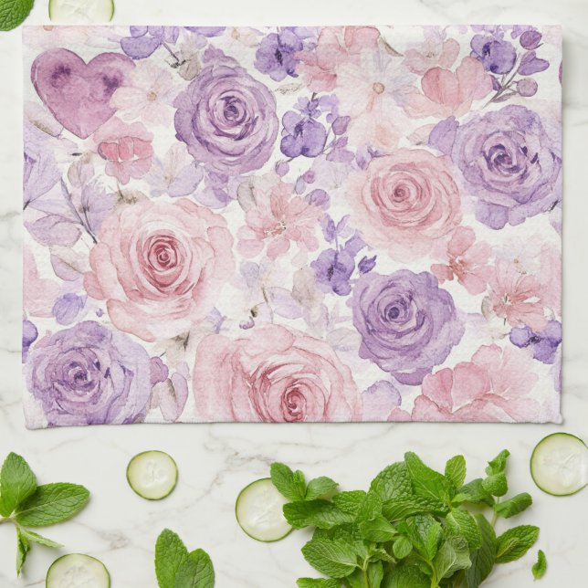 Pink Purple Blush Flowers Hearts   Kökshandduk (Vikta)