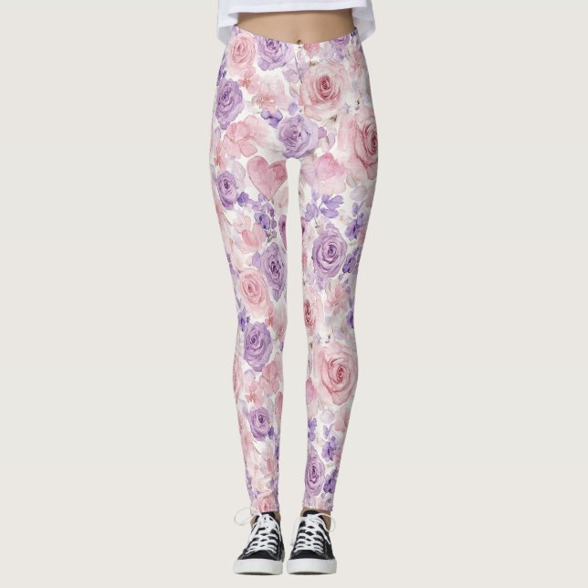 Pink Purple Blush Flowers Hearts  Leggings (Framsida)