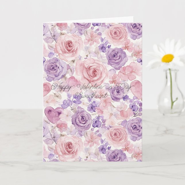 Pink Purple Blush Flowers Hearts Valentine's Day Kort (Liten växt)