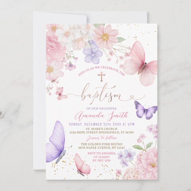 Pink & Purple Butterflies Girl Watercolor Baptism Inbjudningar (Framsida)