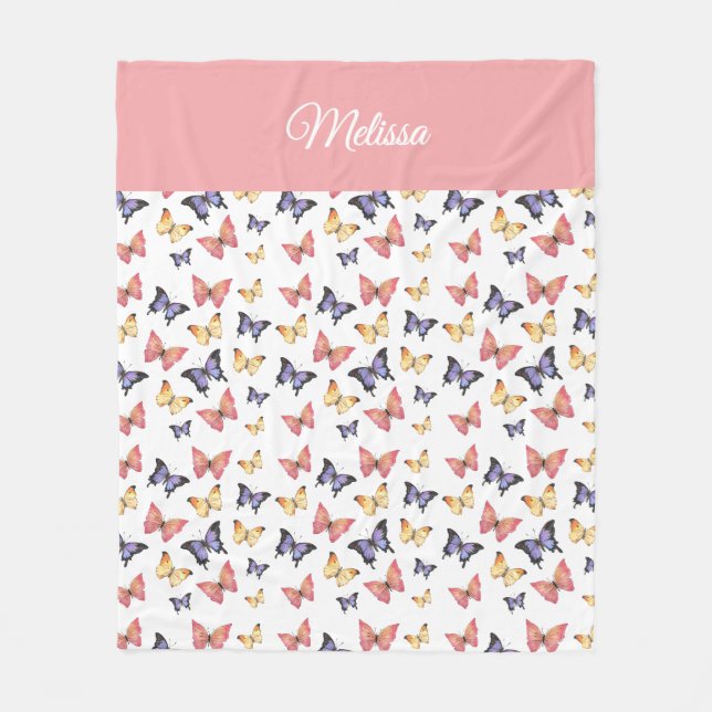 Pink Purple Butterflies Monogram Name Fleecefilt (Framsidan)