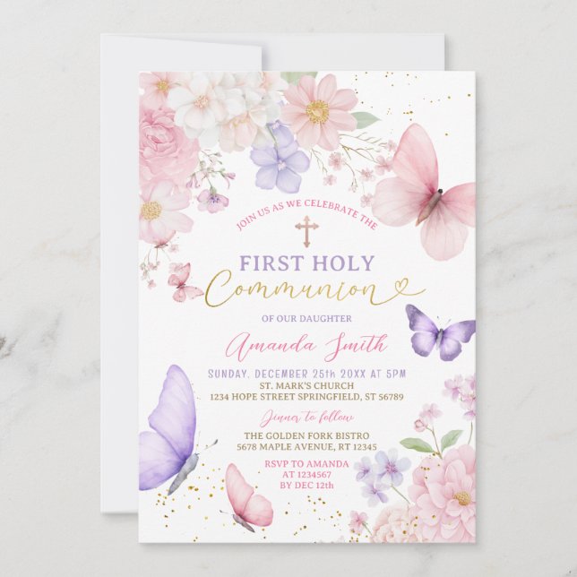 Pink Purple Butterfly Girl First Holy Communion Inbjudningar (Framsida)