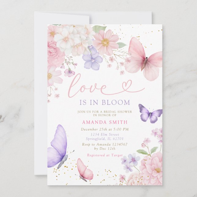 Pink Purple Butterfly Love In Bloom Bridal Shower Inbjudningar (Framsida)