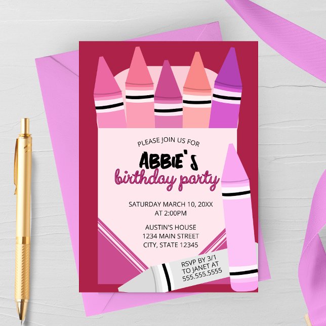 Pink & Purple Crayon Box Birthday Party Invitation Inbjudningar (Skapare uppladdad)
