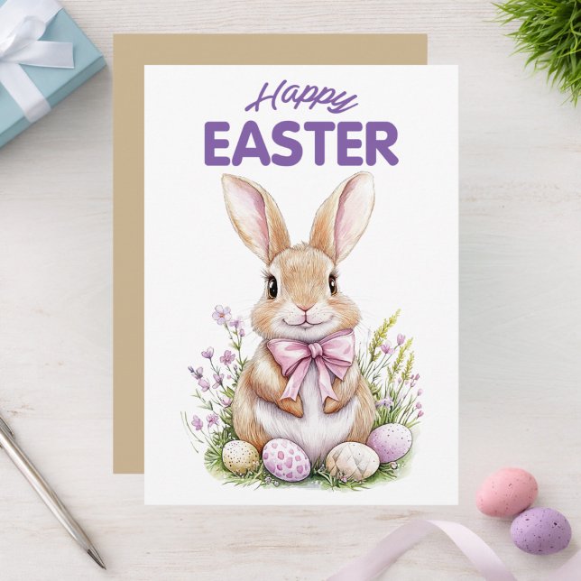 Pink Purple Easter Bunny Floral Happy Easter Card Julkort (Skapare uppladdad)