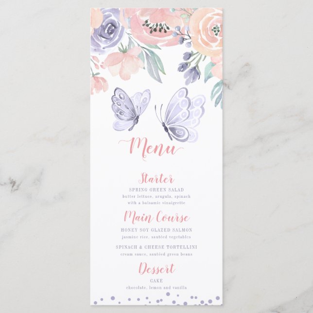 Pink Purple Floral Butterfly Girl Baby Shower Meny (Framsida)