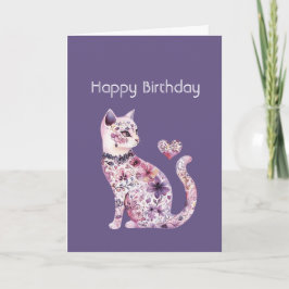Pink Purple Floral Heart Cat Birthday Kort