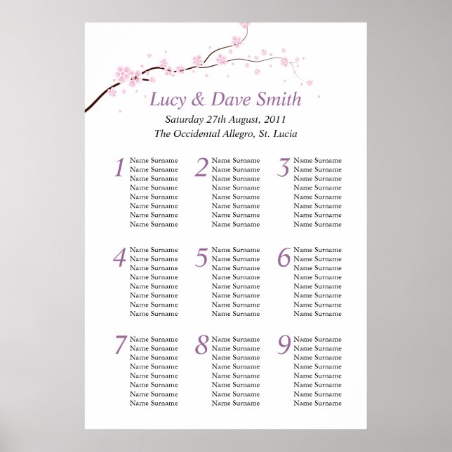 Pink & Purple Flower Wedding Table Seating Plan Poster (Framsidan)