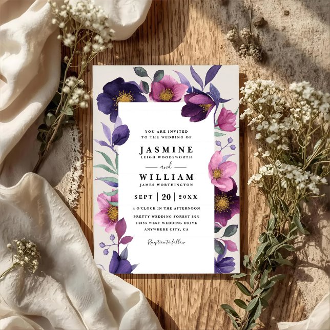 Pink Purple Flowers Elegant Modern QR Code Wedding Inbjudningar (Skapare uppladdad)