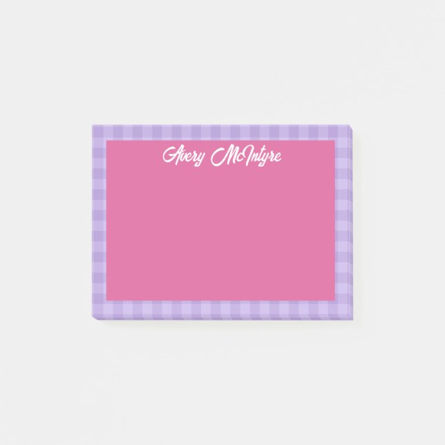 Pink Purple Gingham Border Name In Cool Script Post-it Block (Framsida)