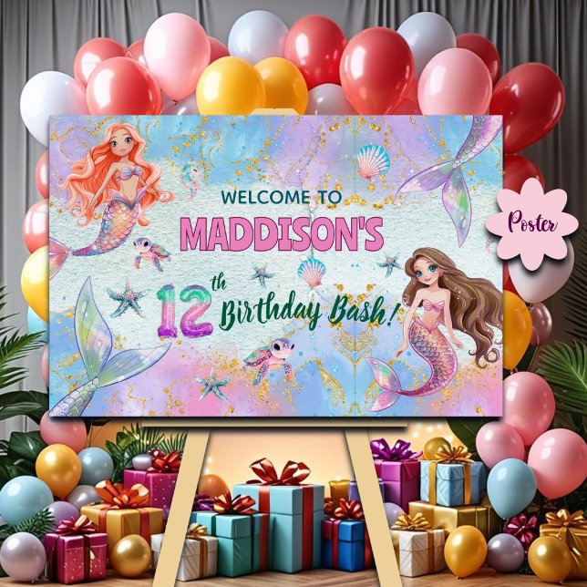 Pink Purple Glitter Mermaids 12th Birthday Welcome Poster (Skapare uppladdad)