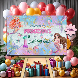 Pink Purple Glitter Mermaids 1st Birthday Welcome  Poster