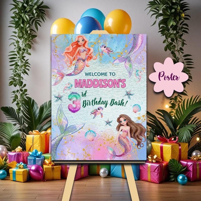 Pink Purple Glitter Mermaids 3rd Birthday Welcome Poster (Skapare uppladdad)