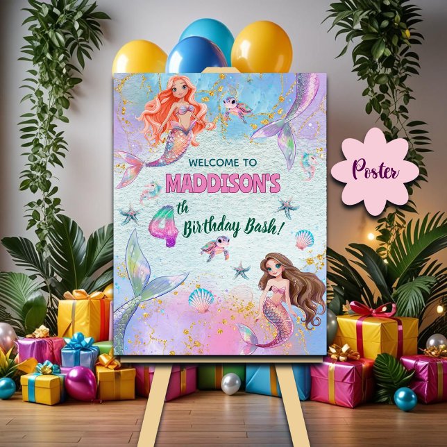 Pink Purple Glitter Mermaids 4th Birthday Welcome Poster (Skapare uppladdad)