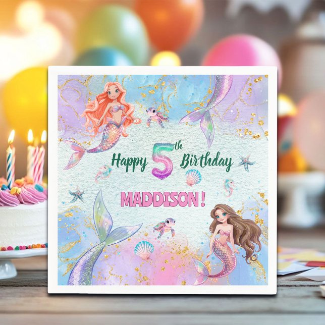 Pink Purple Glitter Mermaids 5th Birthday Party Pappersservett (Skapare uppladdad)