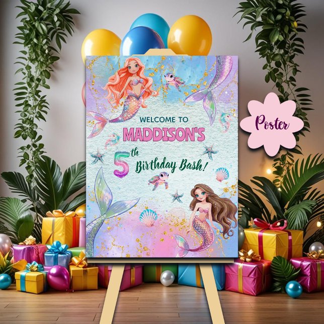 Pink Purple Glitter Mermaids 5th Birthday Welcome Poster (Skapare uppladdad)