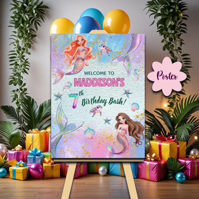 Pink Purple Glitter Mermaids 7th Birthday Welcome Poster (Skapare uppladdad)