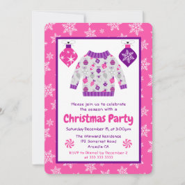 Pink Purple Ornaments Ugly Sweater Christmas Party Inbjudningar